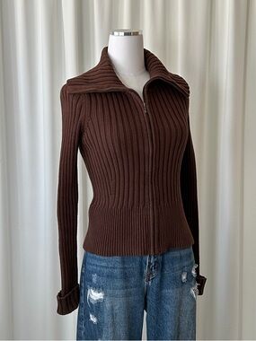 Vintage Y2K Jillian Jones Brown 100% Cotton Ribbed Full Zip Sweater Small.